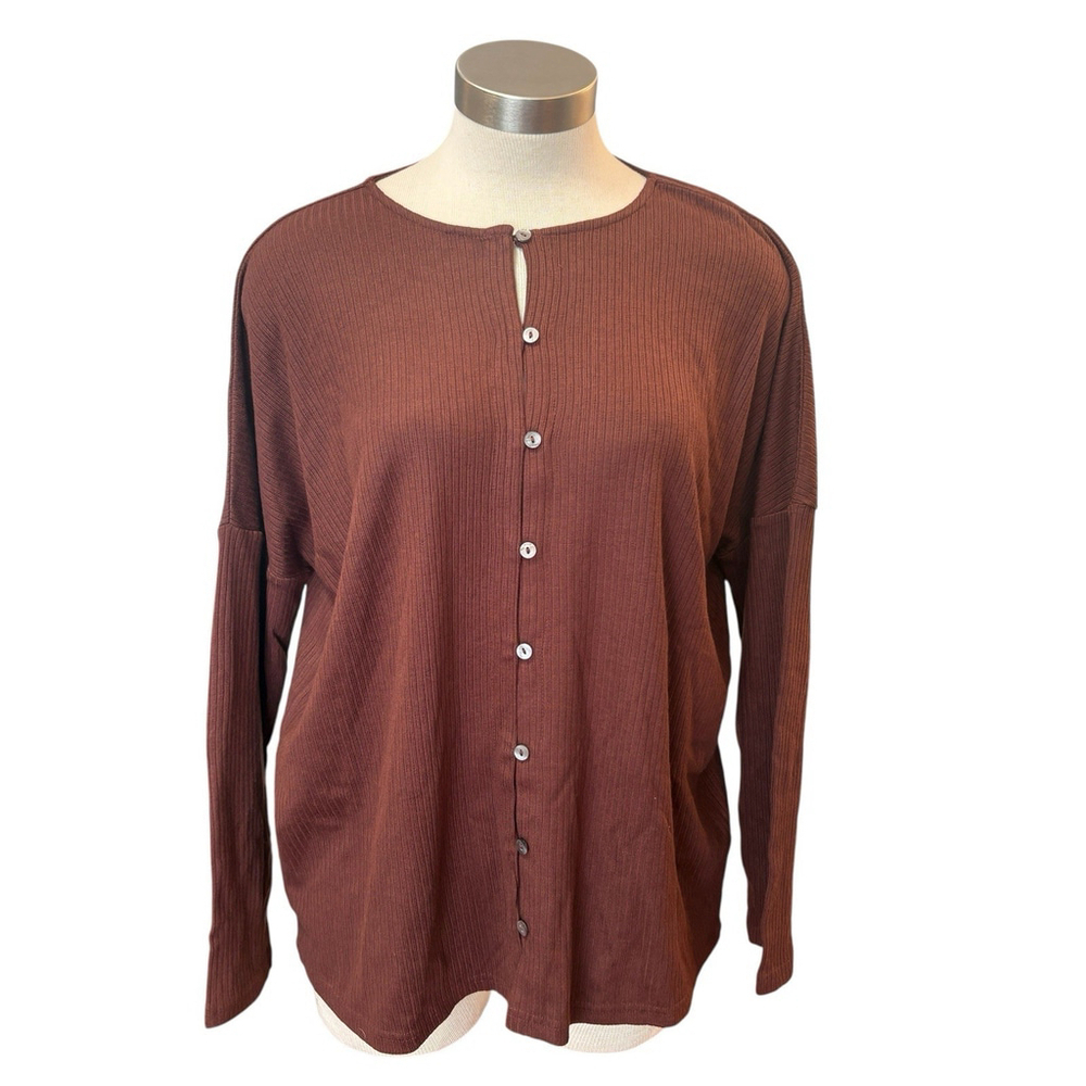 NWT Neuflora Womens Top Button Up T-Shirt Ribbed Oversized Cottagecore Sz. XS